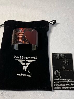 New Tattooed Steel 'Crazy Heart' Red & Black Wide Cuff Bracelet. Eclectic